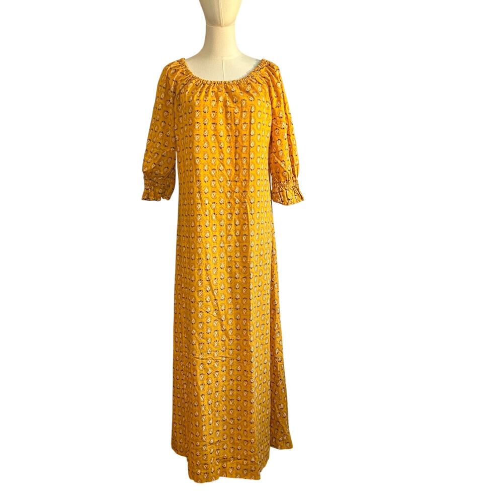 VTG 70s Yellow Maxi Paisley Dress L Cottage Boho Handmade Peasant Prairie Retro